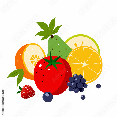 Fresh fruits including strawberries, blueberries, oranges, and lemons  