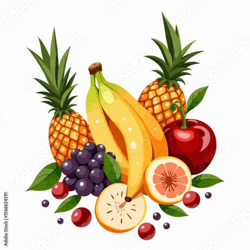 Tropical fruit composition with bananas, pineapples, and grapes  