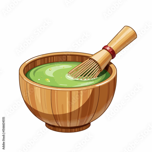Matcha tea in wooden bowl with whisk for traditional preparation  