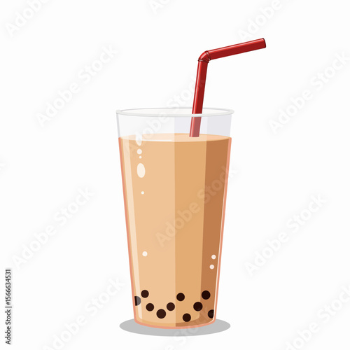 Bubble tea in clear glass with red straw on white background  