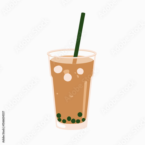 Brown bubble tea drink in clear cup with green straw  