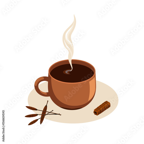 Hot coffee cup with steam and cinnamon stick on pastel background  