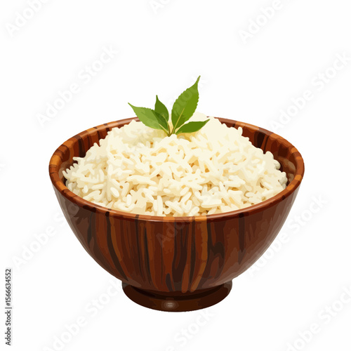 Cooked white rice in a wooden bowl with a green leaf garnish  
