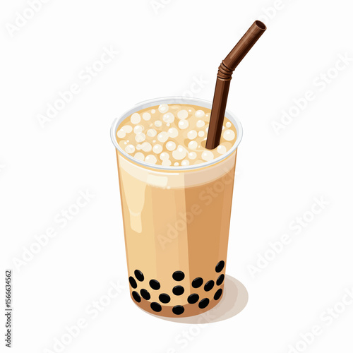 Bubble tea drink with straw in clear cup on white background  