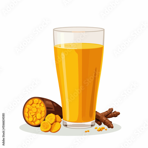 Glass of turmeric drink with roots and slices on white background  