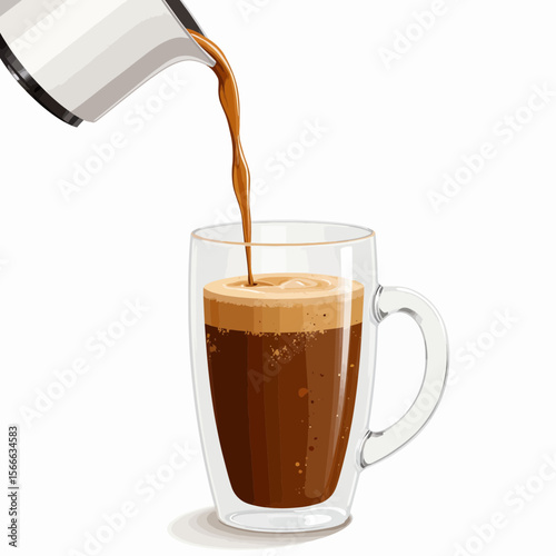 Coffee being poured into a clear glass cup on white background  