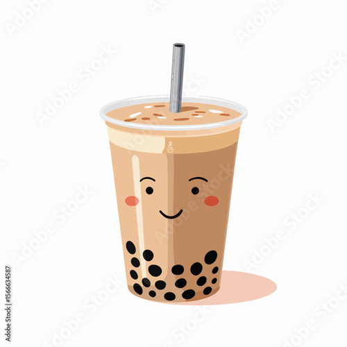 Cute bubble tea drink with smiling face and straw on white background  
