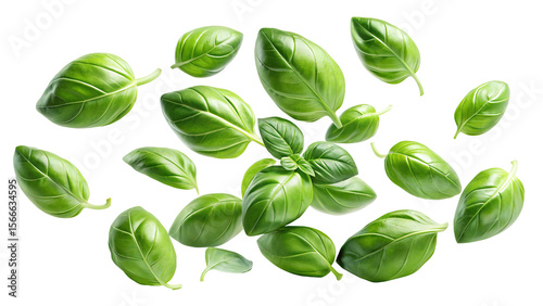 A scattering of fresh green basil leaves with visible veins and stems isolated on transparent background