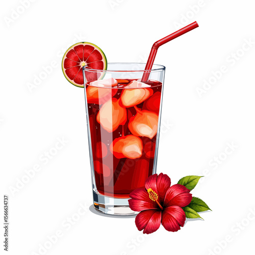 Refreshing red beverage with ice and flower on white background  