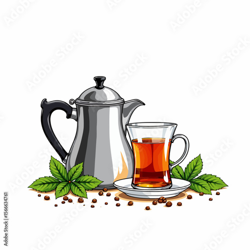 Silver teapot and glass of tea with mint leaves and coffee beans  