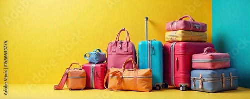 A colorful array of suitcases and travel bags neatly stacked, ready for a holiday adventure Bright, cheerful, and evocative of summer travel and exciting destinations , adventure, getaway, relaxation