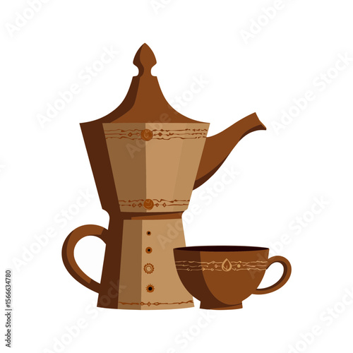 Coffee pot and cup in minimalist style with brown tones  