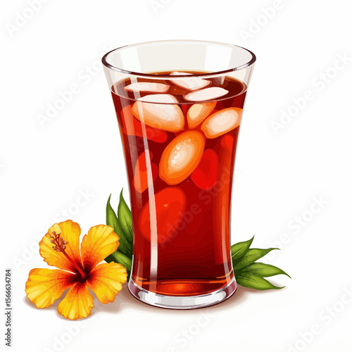 Refreshing iced tea in glass with ice and hibiscus flower  