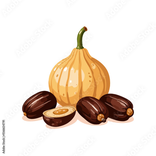 Decorative squash with dark brown dates on white background  