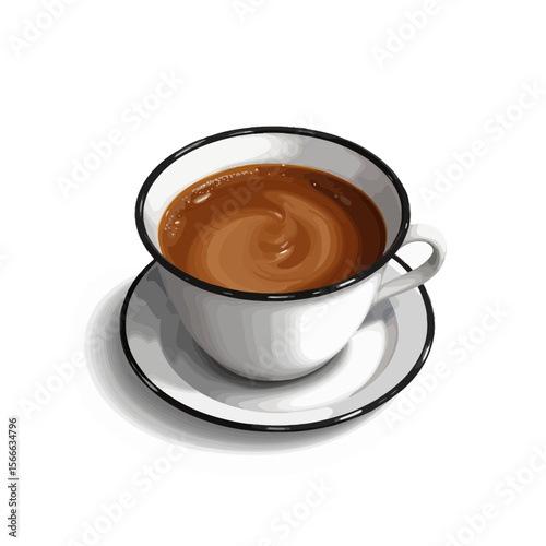 Hot chocolate in white cup with black rim on saucer  