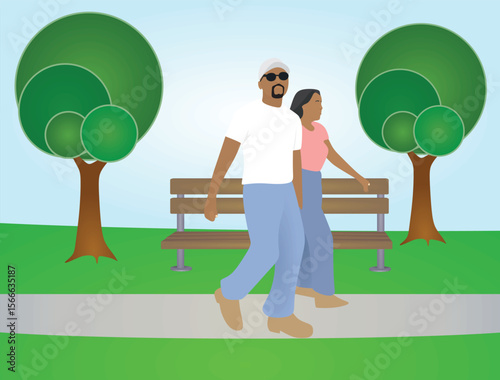 Couple walk outside to park. vector
