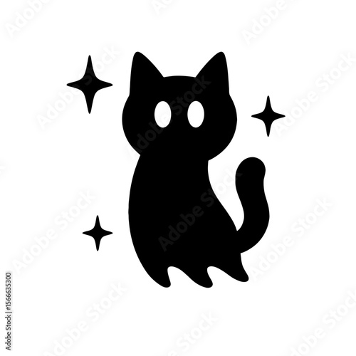 very simple flat and single minimalist Twinkling Cat Spirit Silhouettes in black on a white background