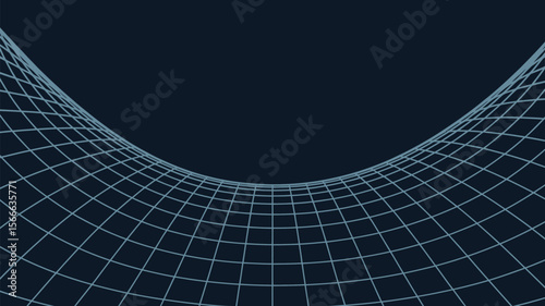 A perspective view of a curved grid with light blue lines on a dark blue to black background