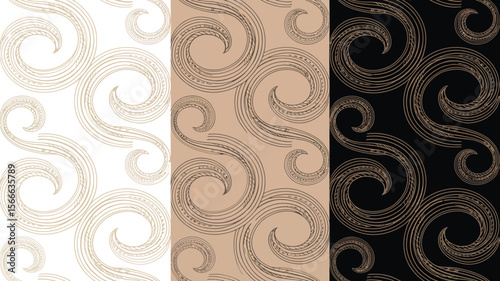 Three panels showing a swirling pattern in white beige and black color variations side by side
