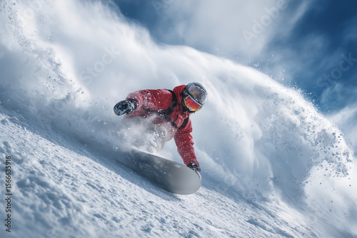 A snowboarder is riding a snowboard down a hill