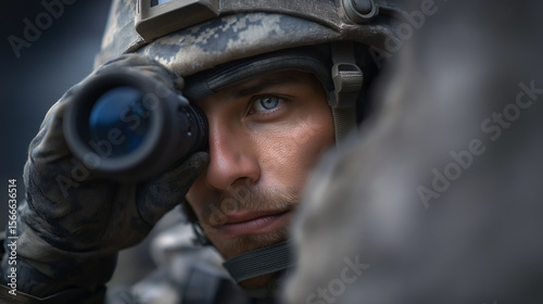 Soldier using laser rangefinder for precision targeting in military operations