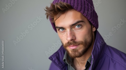 Close up studio portrait of a young, fashionable man wearing a purple knitted hat and jacket, showcasing a modern and stylish winter look with his captivating gaze and confident presence