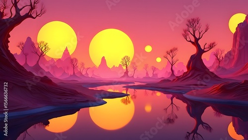 Wallpaper Mural Fantasy landscape pink sunset with planets and river art print wallpaper background Torontodigital.ca