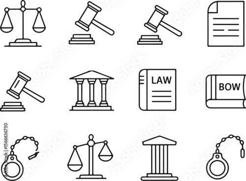 Legal Line Icons Set | Law Firm, Contract, Gavel, Balance Symbols

