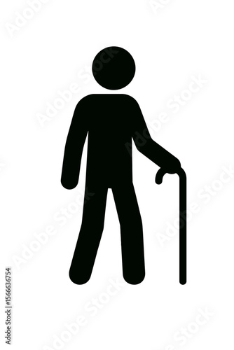very simple flat and single minimalist Man Holding a Cane Silhouettes in black on a white background