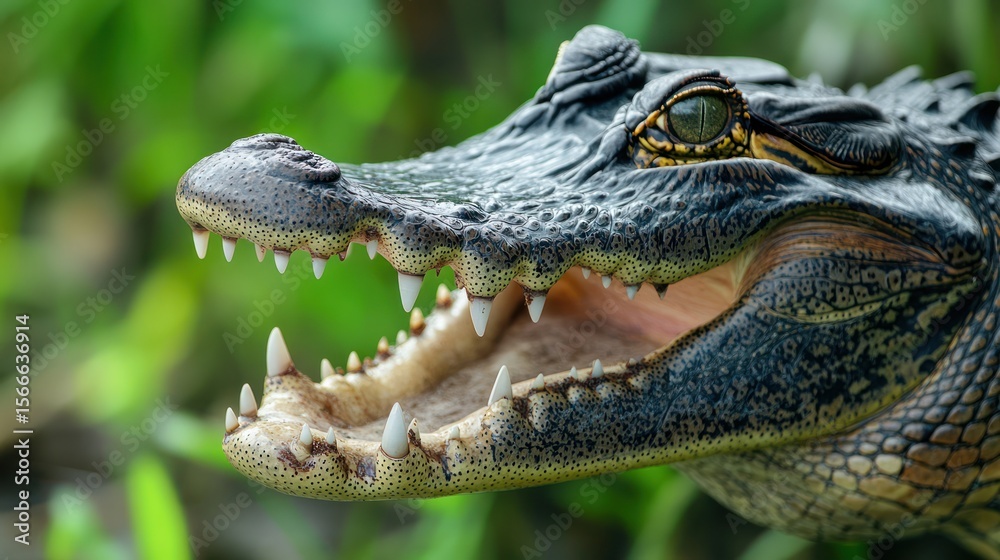 Obraz premium Close up view of alligator head with teeth and green background