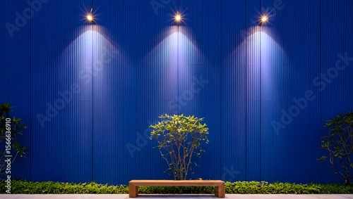 Wallpaper Mural Modern blue wall with lighting and bench seating for outdoor design and architecture Torontodigital.ca
