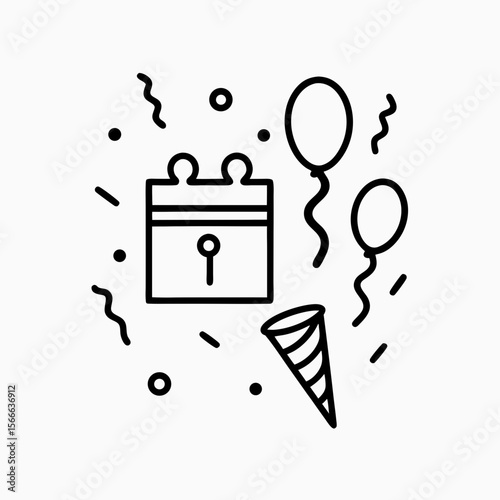Party Planning Icons with Calendar, Balloons, and Party Hats for Celebration Blogs, Event Planning Websites, Invitations, and Social Media Content  