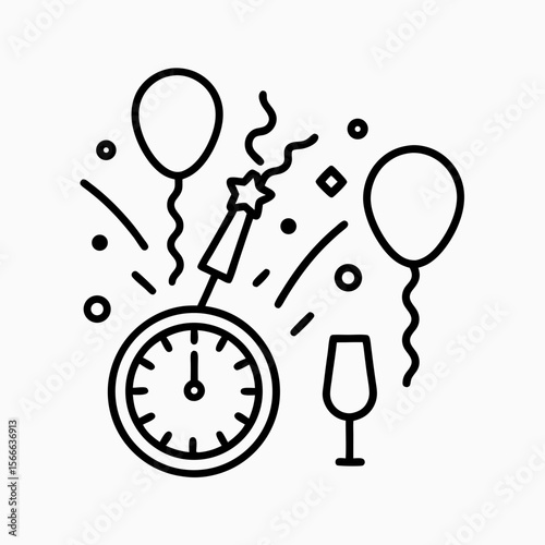 New Year Celebration Elements Including Countdown Clock, Balloons, and Festive Decorations for Party Planning, Event Coordination, Holiday Marketing, and Social Media Content  