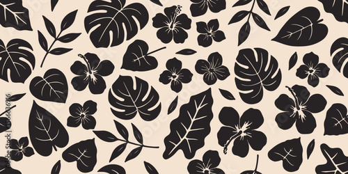 Hand drawn minimal abstract flowers. Seamless patterns with organic shapes black and white color for fabric, textiles, clothing, wallpaper, cover, banner, home decor, florals backgrounds.