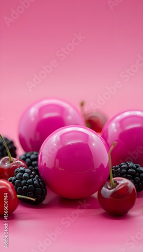 Wallpaper Mural Pink background with cherries blackberries and pink spheres still life photography Torontodigital.ca