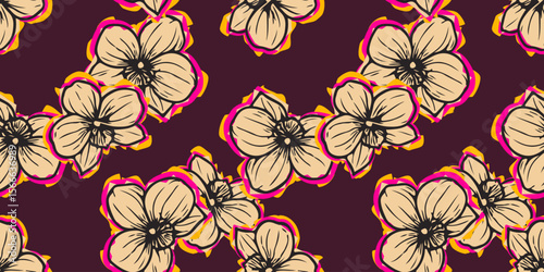 Exotic hand drawn flowers, seamless patterns with floral for fabric, textiles, clothing, wrapping paper, cover, banner, home decor, abstract backgrounds. Vector illustration.