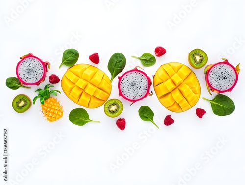 Wallpaper Mural Flat lay of fresh tropical fruits mango dragon fruit kiwi pineapple and raspberries diet Torontodigital.ca