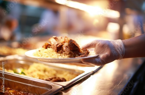 Gloved hand carefully serves a plate of savory rice and meat, a delicious buffet scene.