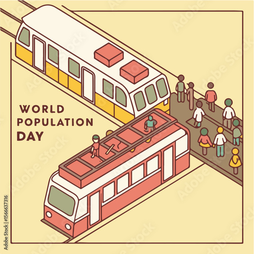Crowded Transport Illustration – Buses, trains full of tiny human figures  world population day