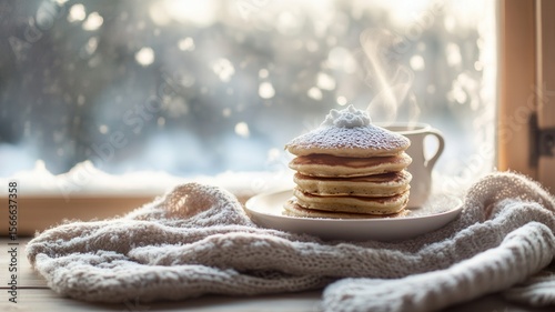 Warm pancakes dusted with powdered sugar, topped with whipped cream, nestled beside steaming coffee near frosted windowpane
