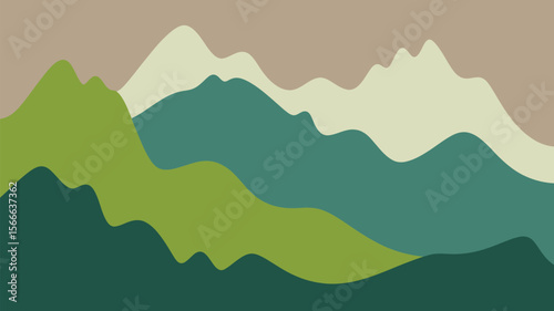 Abstract landscape illustration showing layered mountains in green and neutral colors