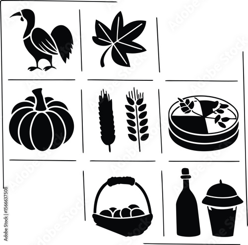 Black silhouette icons of harvest and nature elements bird leaf