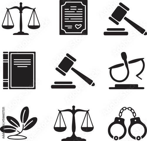 Court and Law Icons | Scales, Judge, Gavel, Handcuffs Vector Set

