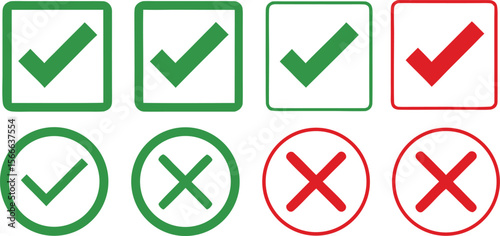 Green and red checkmarks and crosses in squares and circles vector