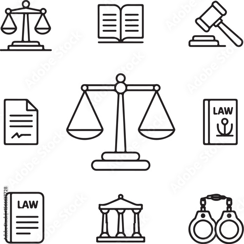 Court and Law Icons | Scales, Judge, Gavel, Handcuffs Vector Set

