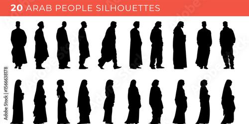 Set silhouettes of Arab people isolated on transparent background. Vector illustration