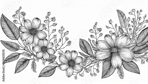 simple hand drawn charcoal pencil drawing flower garland border small flowers and leaves nature and plants sketch in ink