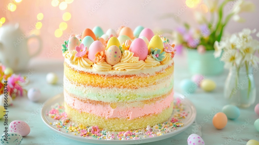 A beautifully decorated Easter cake showcases vibrant layers of pastel colors and delicate edible decorations, surrounded by festive flowers and candy eggs, creating a joyful atmosphere A beautifully decorated Easter cake showcases vibrant layers of pastel colors and delicate edible decorations, surrounded by festive flowers and candy eggs, creating a joyful atmosphere