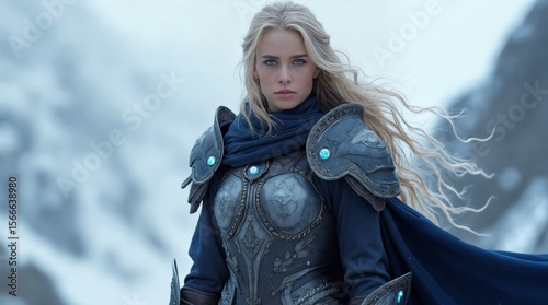 Portrait of a blonde warrior woman with blue eyes wearing metal armor and holding a sword in snowy mountains, her hair blowing in the wind, creating a powerful and captivating image