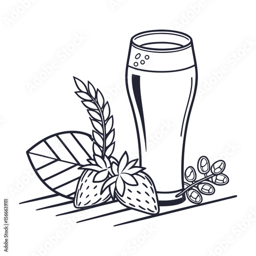 Tall glass of beer with hops and barley beverage